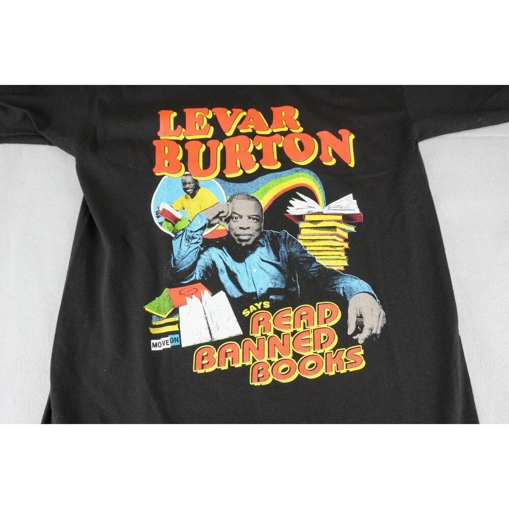 Vintage LeVar Burton Graphic Tee Read Banned Books Black T-Shirt Size Small USA